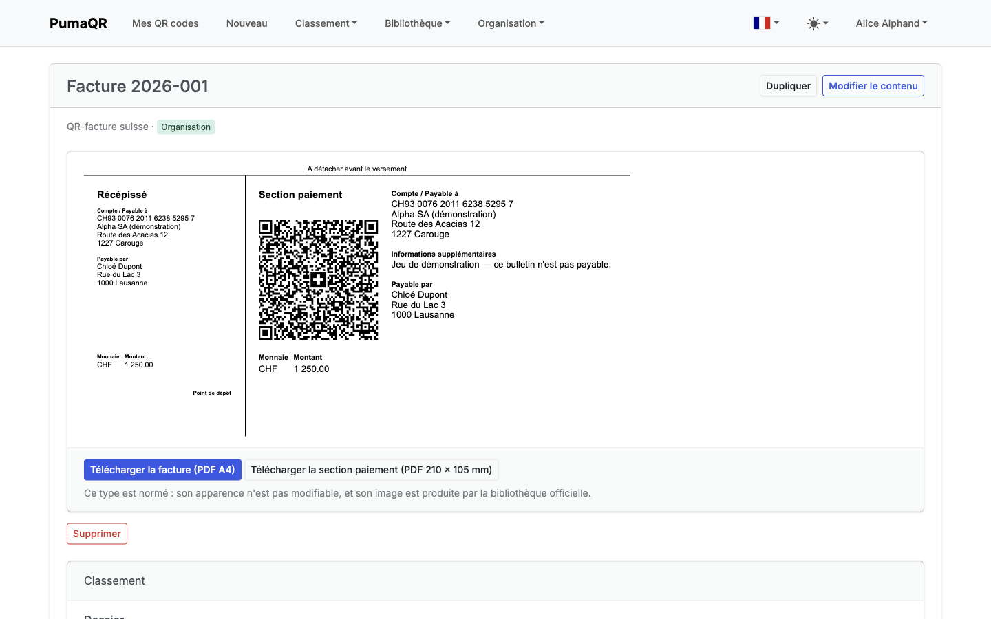Une QR-facture suisse : le récépissé, la section paiement et les boutons de téléchargement en PDF.
